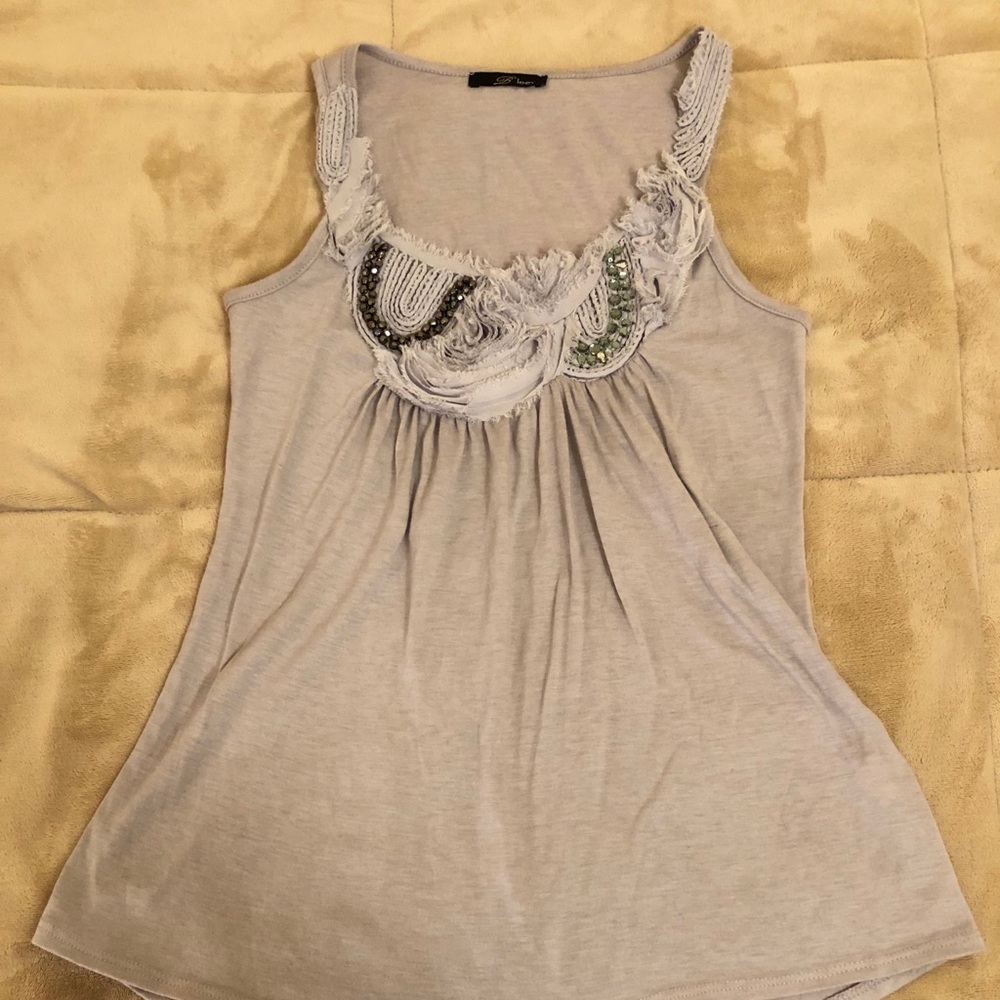 Purplish Grey Floral Bead & Tulle Design Tank Top